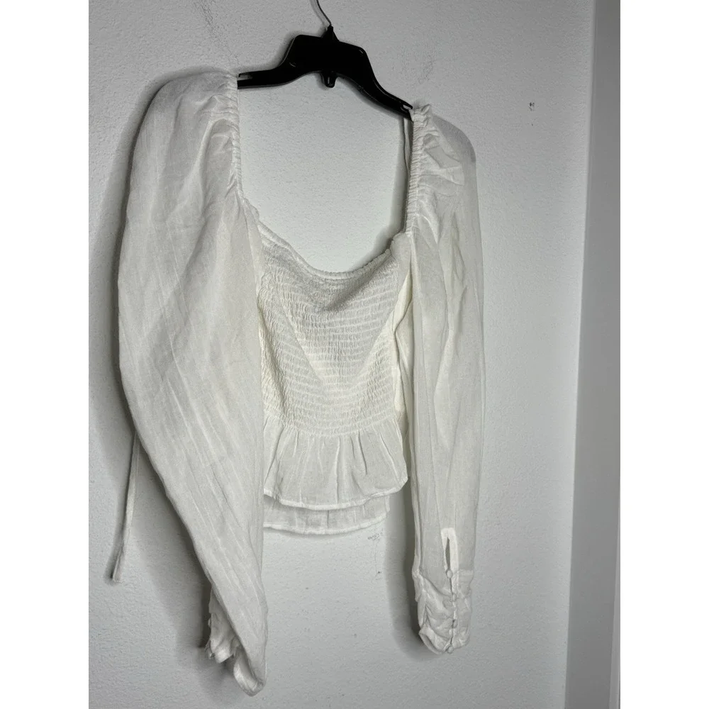 Free People Blouse Top Smocked White Ruffle Hem Boho Babydoll Coquette NWT XL